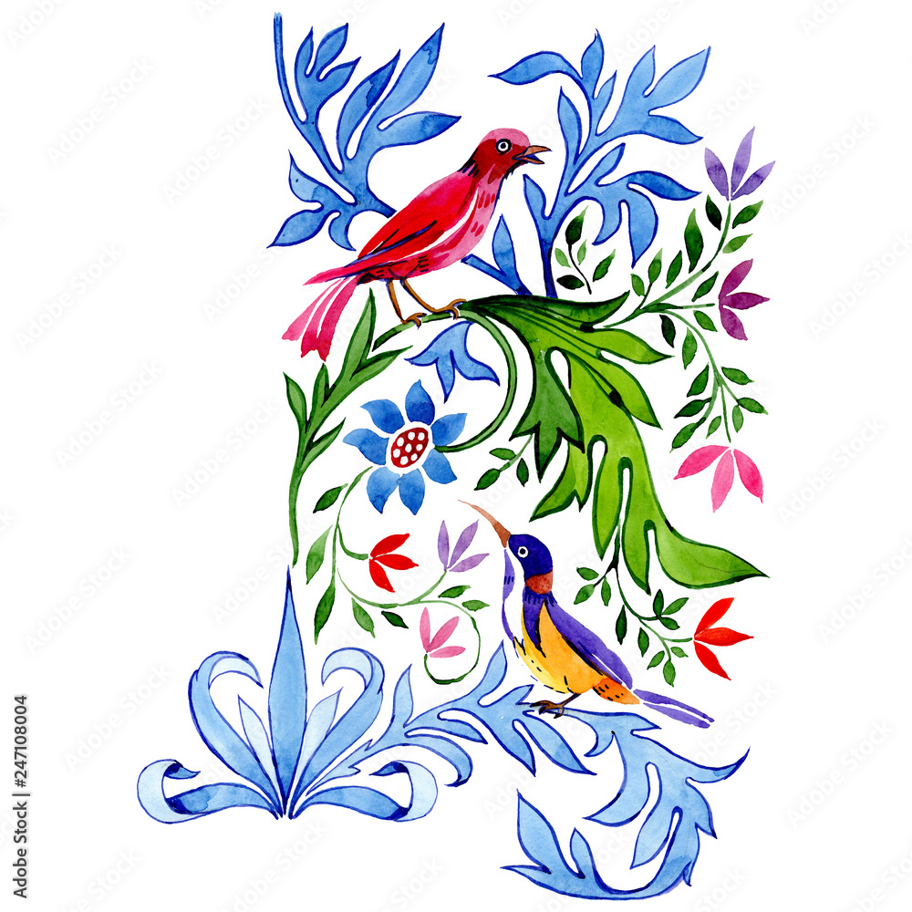 Flowers ornament with birds. Watercolor background set. Isolated ornament illustration element.