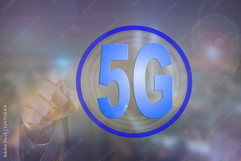 Businessman on a blurred background using 5G network.