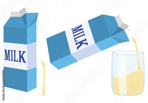 青い牛乳パックと注がれるコップ Milk carton. Cup of milk