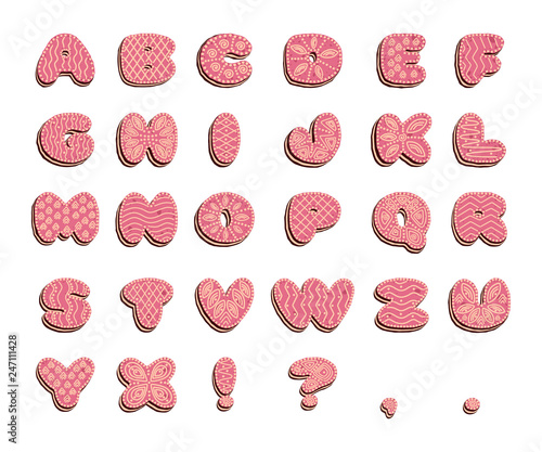 Gingerbread font with icing, alphabet from the letter glaze, cream to pink, EPS 10 vector illustration