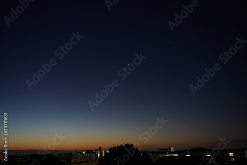 Tokyo,Japan-February 3, 2019: (from left) The Moon with earthshine, Saturn, Venus and Jupiter at daybreak 
