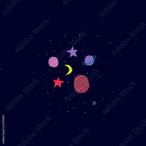Fototapeta Naklejka Na Ścianę i Meble -  Magic nature card Universe Space travel Planet Star moon astronaut cosmos astronomy inspiration graphic design typography element. Hand drawn postcard. Cute simple vector paper cutout collage style