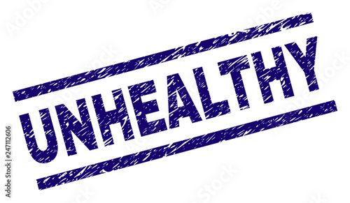UNHEALTHY seal print with grunge style. Blue vector rubber print of UNHEALTHY text with unclean texture. Text caption is placed between parallel lines.