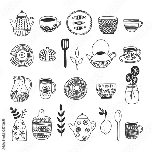 Kitchenware elegant hand drawn illustrations set