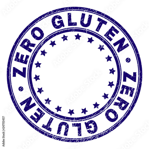ZERO GLUTEN stamp seal imprint with grunge texture. Designed with round shapes and stars. Blue vector rubber print of ZERO GLUTEN title with retro texture.