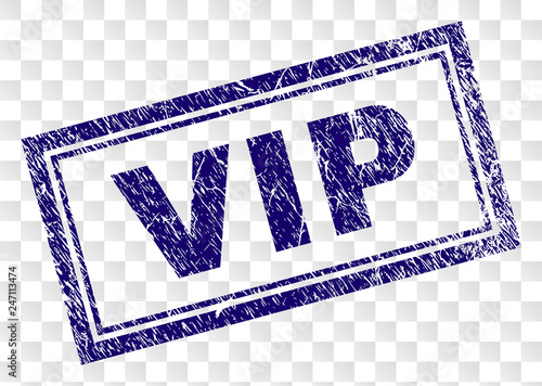 VIP stamp seal imprint with rubber print style and double framed rectangle shape. Stamp is placed on a transparent background. Blue vector rubber print of VIP text with retro texture.