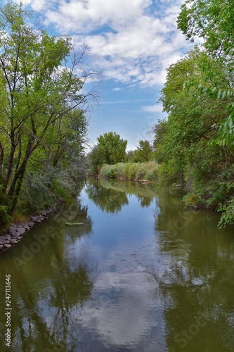 Views of Jordan River Trail with surrounding trees, Russian Olive, cottonwood and silt filled muddy water along the Wasatch Front Rocky Mountains, in Salt Lake City, Utah.