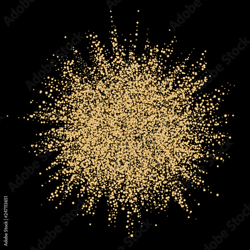 Abstract gold explosion on dark background. Golden glitter powder banner on black background. Colored cloud. Gold dust explode.