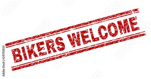 BIKERS WELCOME seal print with corroded texture. Red vector rubber print of BIKERS WELCOME text with retro texture. Text tag is placed between double parallel lines.