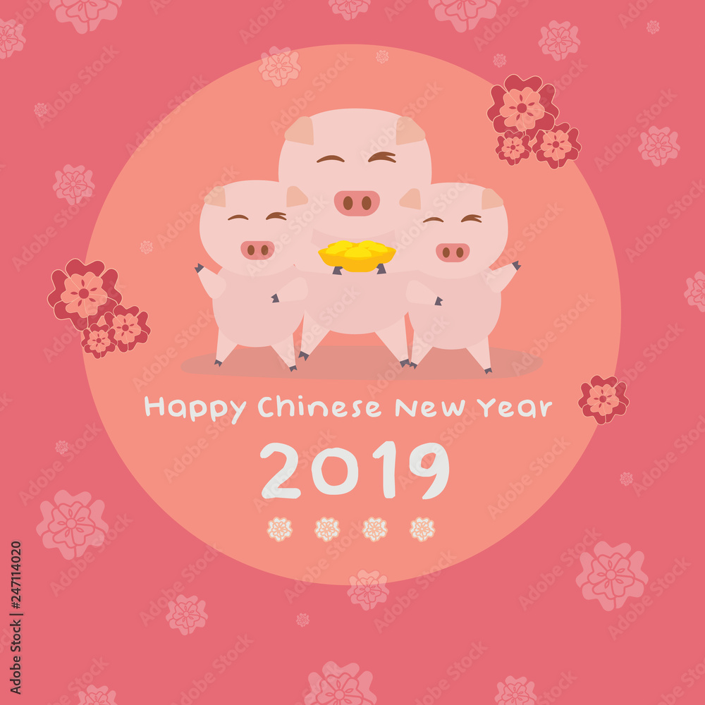 Happy New Year 2019. Chinese New Year. The year of the pig with Chinese gold.