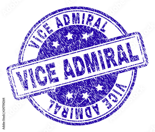 VICE ADMIRAL stamp seal watermark with distress texture. Designed with rounded rectangles and circles. Blue vector rubber print of VICE ADMIRAL text with corroded texture.