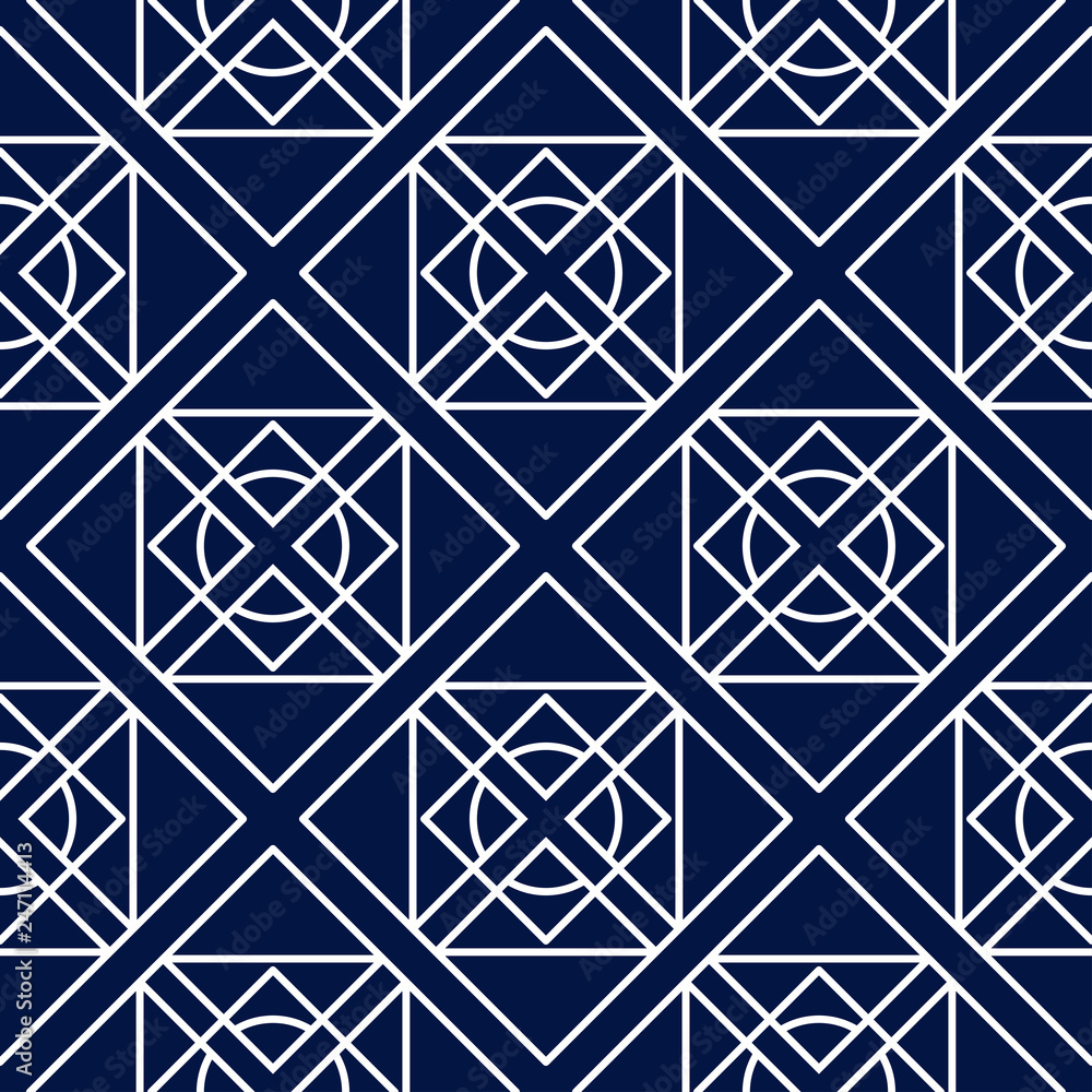 Geometric print. White pattern on dark blue seamless background Geometric print. White pattern on dark blue seamless background