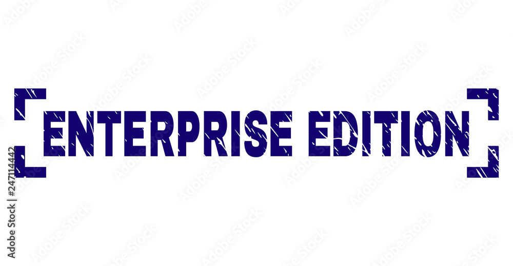 ENTERPRISE EDITION tag seal print with distress texture. Text tag is placed between corners. Blue vector rubber print of ENTERPRISE EDITION with dust texture.