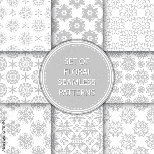 Compilation of floral patterns. Gray design with flowers on white background