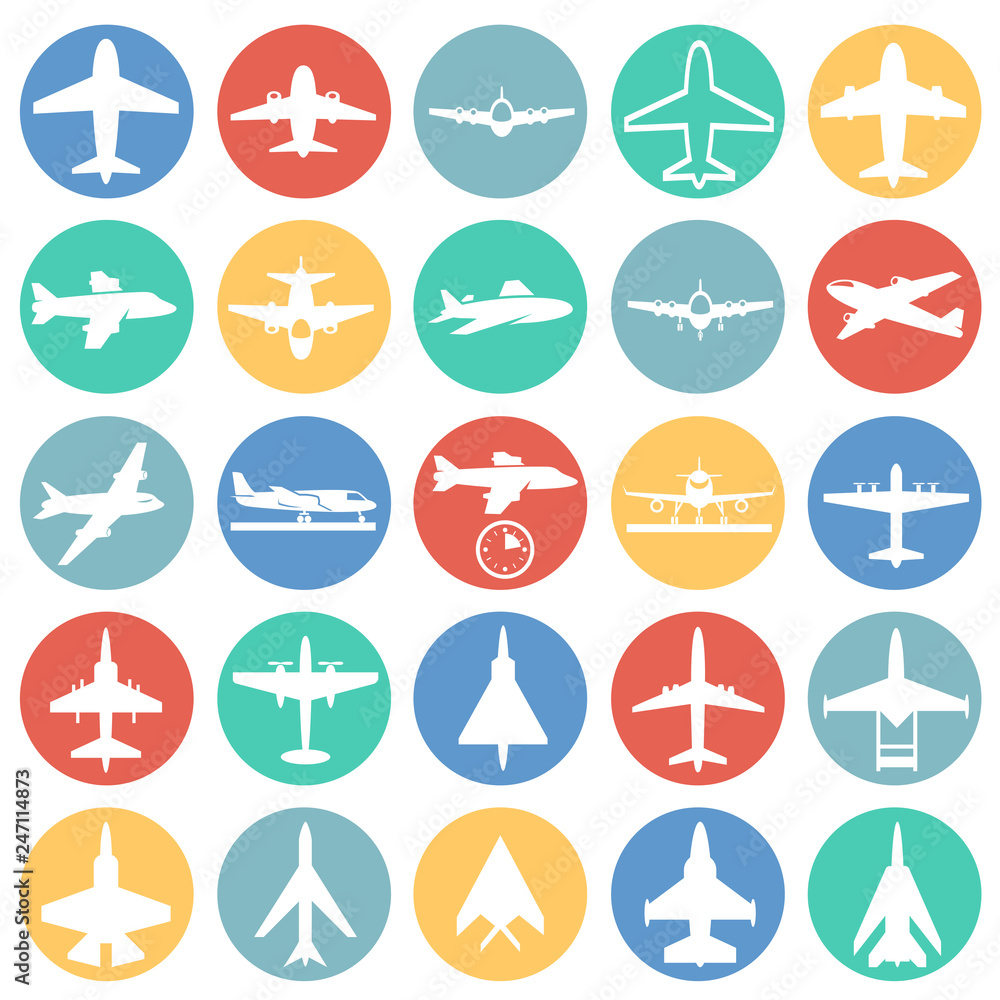 Airplane icons on color circles white background for graphic and web design, Modern simple vector sign. Internet concept. Trendy symbol for website design web button or mobile app