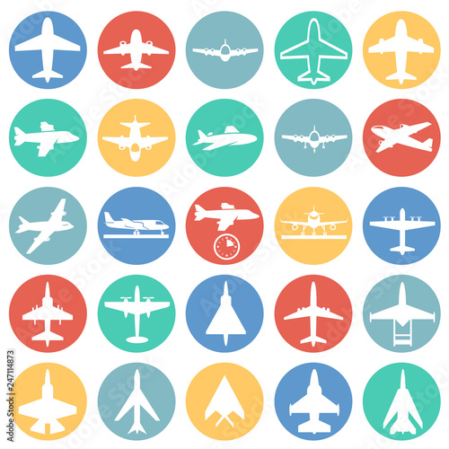 Airplane icons on color circles white background for graphic and web design, Modern simple vector sign. Internet concept. Trendy symbol for website design web button or mobile app © Andre