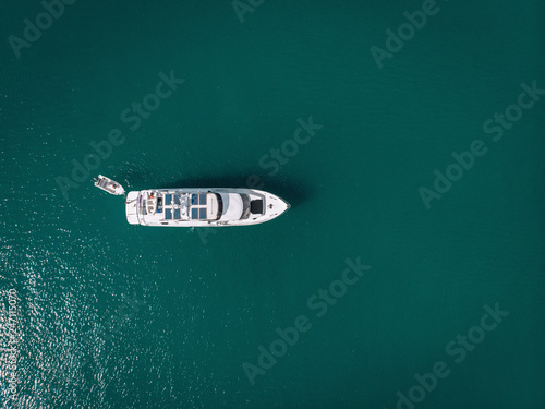 Luxury yacht in the sea. Top view.