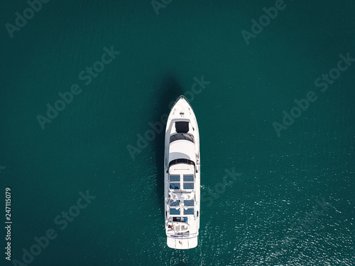 Luxury yacht in the sea. Top view.