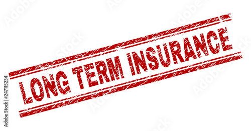 LONG TERM INSURANCE seal watermark with grunge texture. Red vector rubber print of LONG TERM INSURANCE label with grunge texture. Text label is placed between double parallel lines.