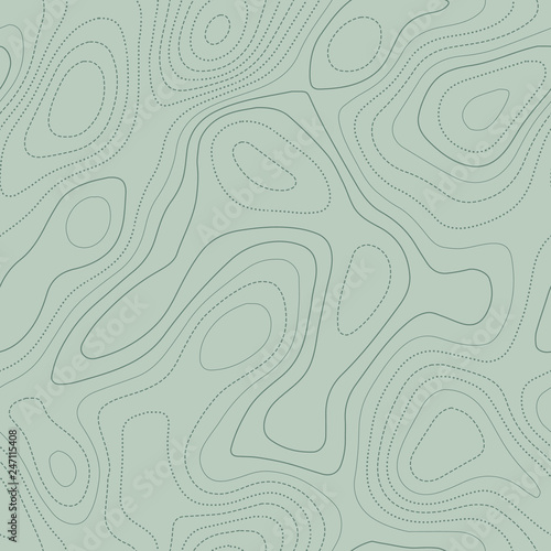 Topographic map lines. Actual topographic map in green tones, seamless design, remarkable tileable pattern. Vector illustration.