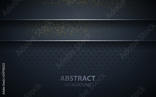 Black abstract realistic decoration. with golden glitters. vector illustration. black background
