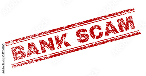 BANK SCAM seal print with grunge texture. Red vector rubber print of BANK SCAM caption with dirty texture. Text caption is placed between double parallel lines.