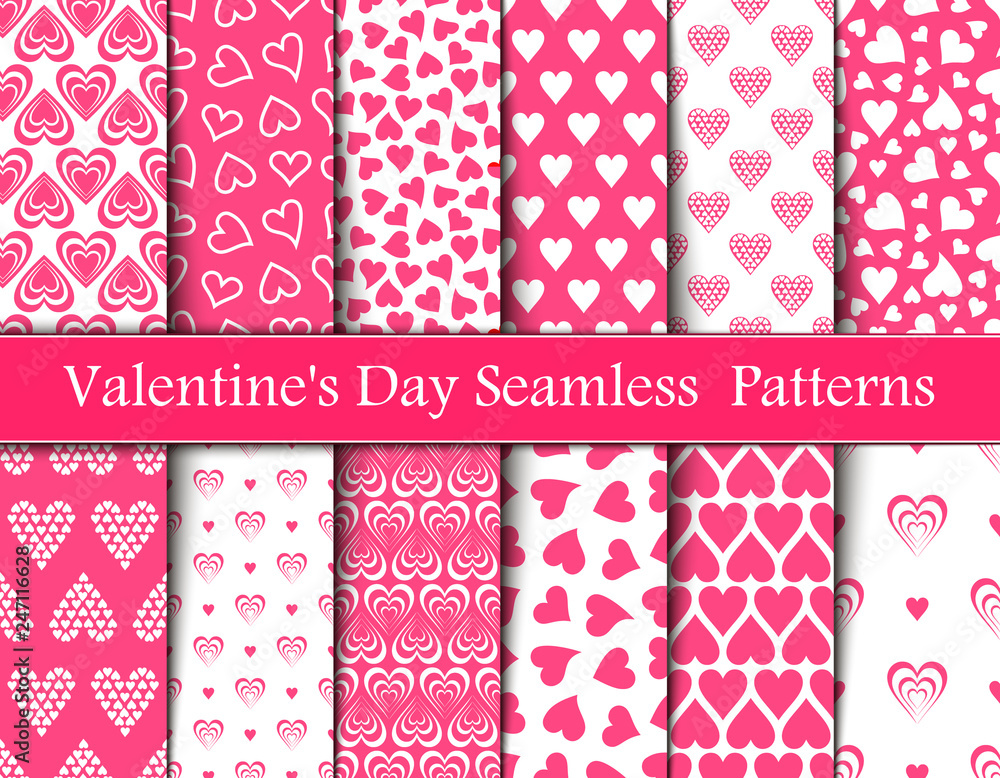 Twelve Valentine's Day Pink Seamless Vector Patterns.