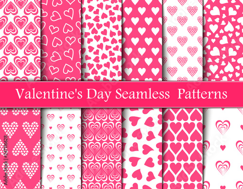 Twelve Valentine's Day Pink Seamless Vector Patterns.