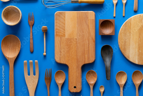 kitchen utensils for cooking on the blue background, food prepare concept