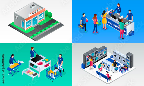 Laundry banner set. Isometric set of laundry vector banner for web design