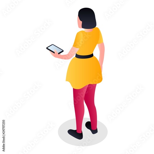 Woman with smartphone icon. Isometric of woman with smartphone vector icon for web design isolated on white background