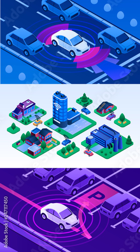 Driverless car banner set. Isometric set of driverless car vector banner for web design