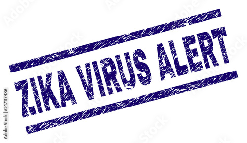 ZIKA VIRUS ALERT seal watermark with grunge style. Blue vector rubber print of ZIKA VIRUS ALERT label with grunge texture. Text label is placed between parallel lines.