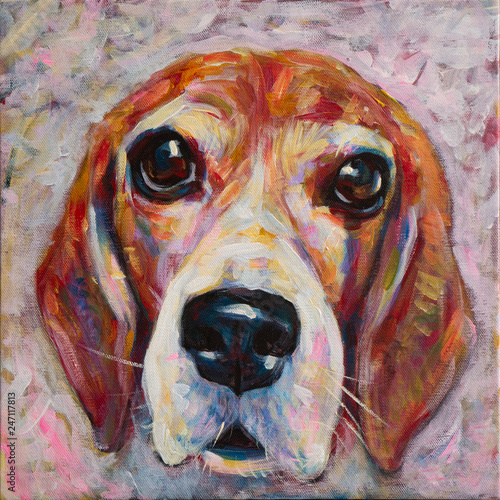 Acrylic paitning of beagle dog head on canvas. photo