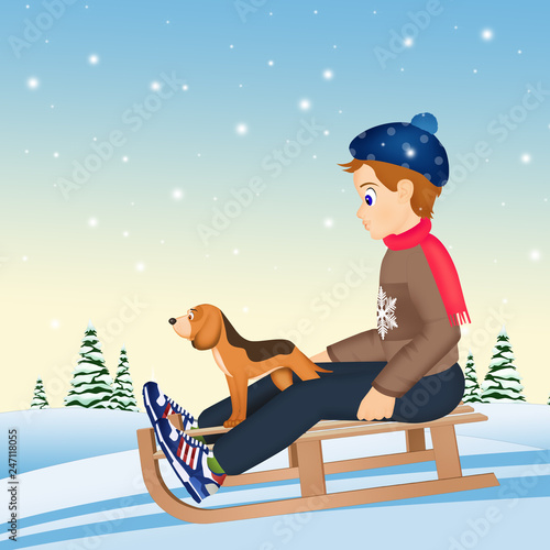 child with dog on sleigh in winter