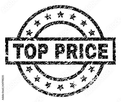 TOP PRICE stamp seal watermark with distress style. Designed with rectangle, circles and stars. Black vector rubber print of TOP PRICE label with dust texture.