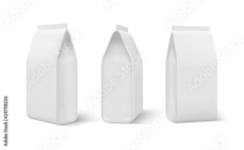 Realistic doy pack. Food bag mockup, dogs meal blank packaging, coffee snacks pouch. Blank doy vector 3d template isolated on white