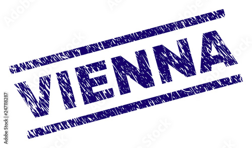 VIENNA seal print with distress style. Blue vector rubber print of VIENNA label with dust texture. Text title is placed between parallel lines.