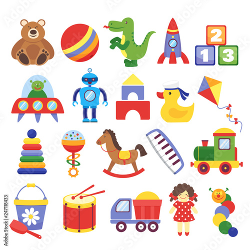 Cartoon toys. Game toy teddy bear dinosaur rocket childrens cubes kite robot. Kids dolls vector collection