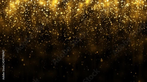 Background with falling golden glitter particles. Falling gold confetti with magic light. Beautiful light background. Seamless loop