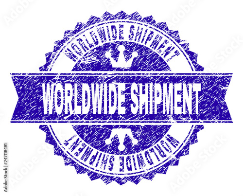 WORLDWIDE SHIPMENT rosette stamp watermark with grunge style. Designed with round rosette, ribbon and small crowns. Blue vector rubber watermark of WORLDWIDE SHIPMENT title with grunge texture.