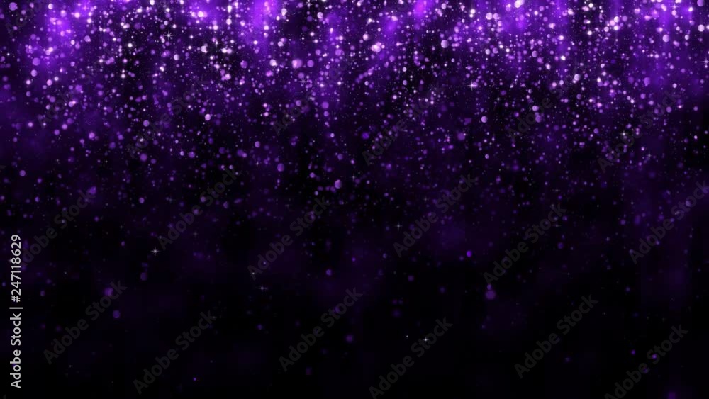 Background with glitter falling purple particles. Falling shiny confetti with magic light. Beautiful light background. Seamless loop