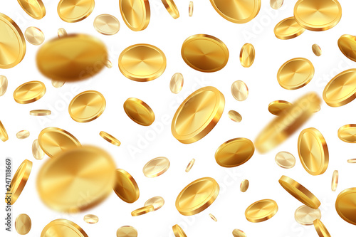 Falling coins. Golden money 3D jackpot cash rain realistic lucky casino win concept. Vector illustration of isolated gold coin