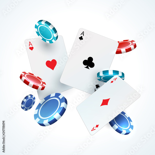 Flying poker cards, chips. Casino gambling realistic 3D falling play card and plastic red and black chip. Vector gamble elements