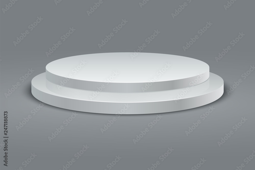 Round podium. Winner round pedestal set. 3D two-stage platform on gray background. Vector set Round podium. Winner round pedestal set. 3D two-stage platform on gray background. Vector set