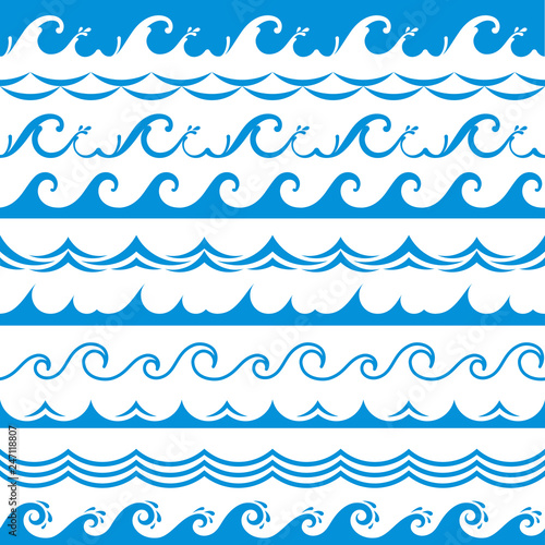 Sea wave frame. Seamless ocean storm tide waves wavy river blue water splash design elements horizontal borders vector isolated set
