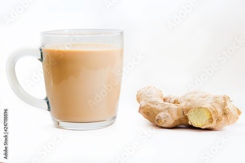 Indian tea with milk, masala, white background, no isolate