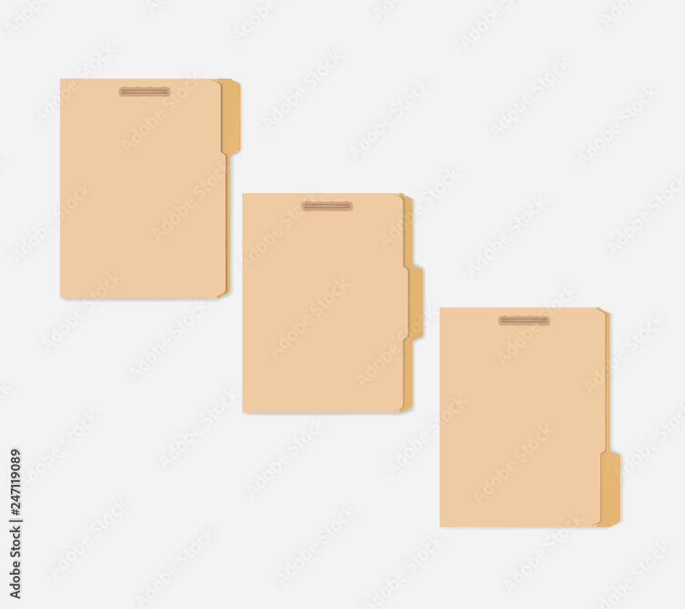 Closed variously tabbed file folders with interior fastener to keep paper Closed variously tabbed file folders with interior fastener to keep paper