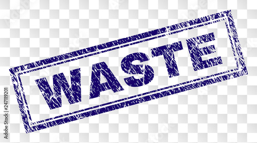 WASTE stamp seal print with rubber print style and double framed rectangle shape. Stamp is placed on a transparent background. Blue vector rubber print of WASTE text with dust texture.