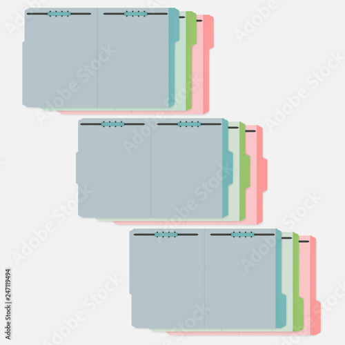 Variously tabbed colored file folders with fastener to keep paper sheets
